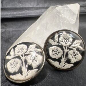 Vintage Dominique Denaive Paris Floral Clip On Earrings Black White Resin silver